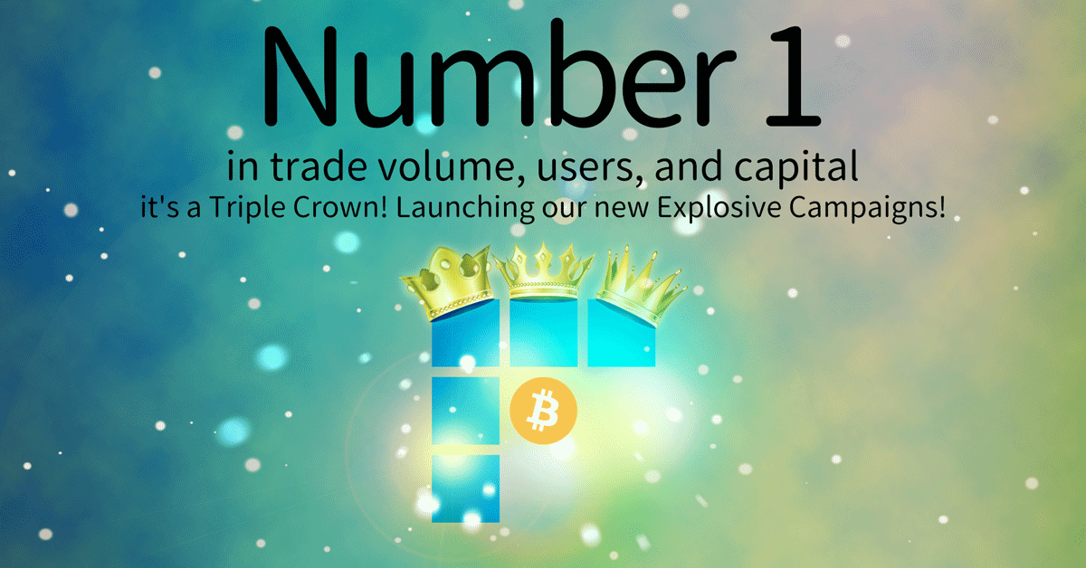 Number one in trade volume, users, and capital -- it's a Triple Crown! Launching our new Explosive Campaigns!